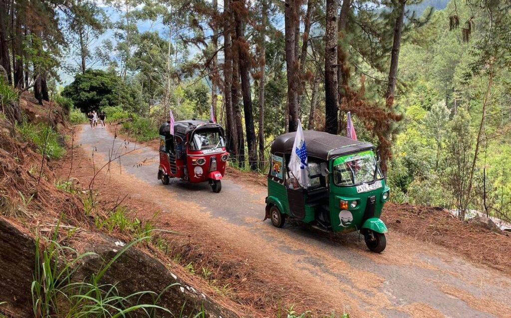 Passengers walking uphill on the Rickshaw Run Sri Lanka