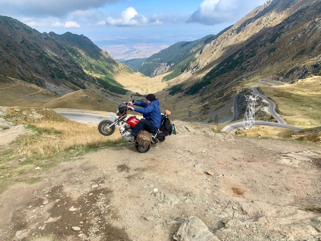 Monkey Bike wheelie on the Transfagarasan Highway